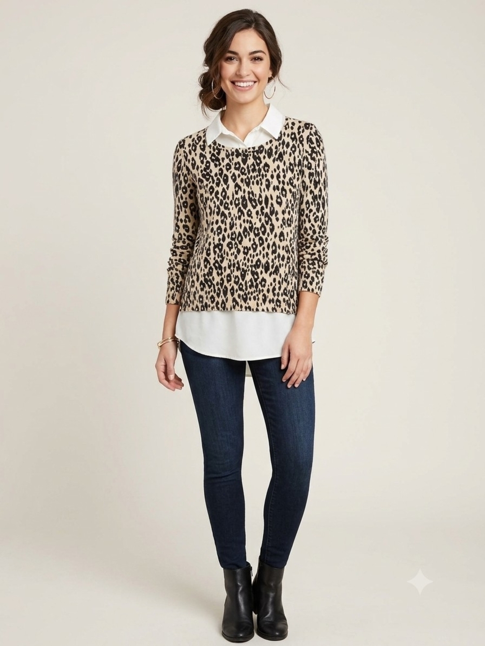 DKNYC Beige and Black Leopard-Print Crewneck Sweater
